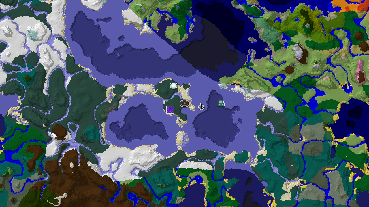 A 2D map centered on spawn shows icy biomes dominating the area, with markers for nearby structures.