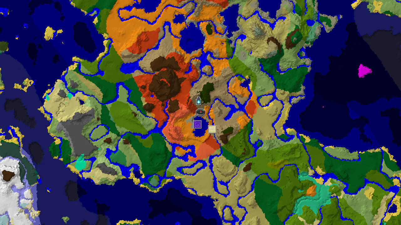 A 2D biome map centered on spawn, showing a Stony Shore spawn point with nearby Desert, Badlands, and Warm Ocean biomes, and markers for an Ancient City, Ruined Portal, and Desert Pyramid.