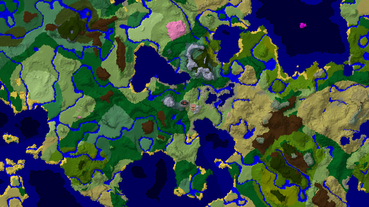 A 2D biome map centered on spawn, showing Snowy Slopes, Plains, and Forest biomes, with markers for spawn and a nearby village.