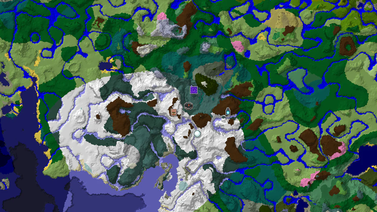 A top-down 2D biome map centered on spawn, showing a spawn marker, a village marker to the west, and an Ancient City marker to the southeast.
