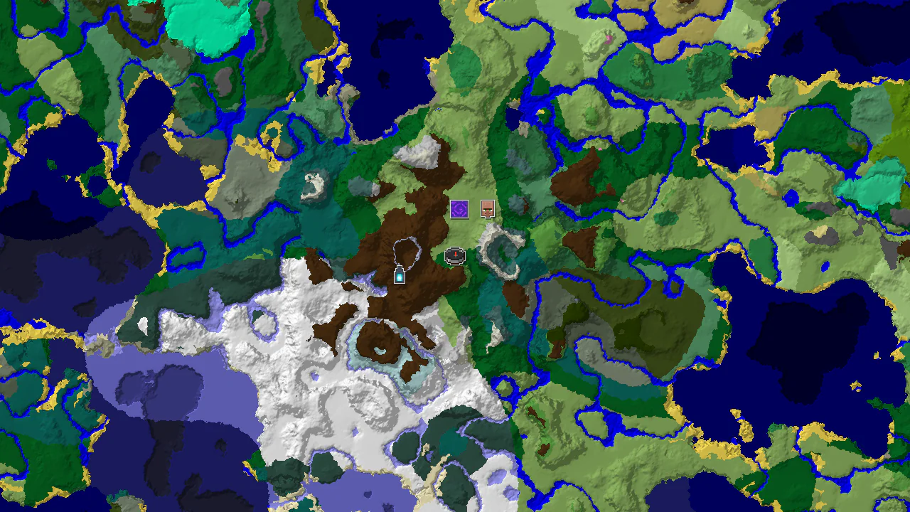 A top-down 2D biome map centered on spawn, showing forest, plains, and snowy biomes with markers for an Ancient City, Ruined Portal, and Village.
