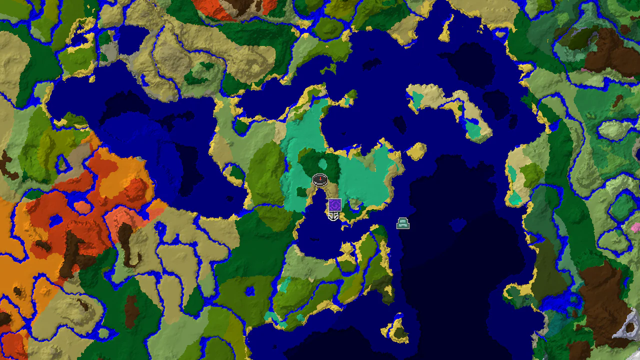 A 2D biome map centered on spawn, showing savanna, ocean, and jungle biomes with markers for a ruined portal and a shipwreck.