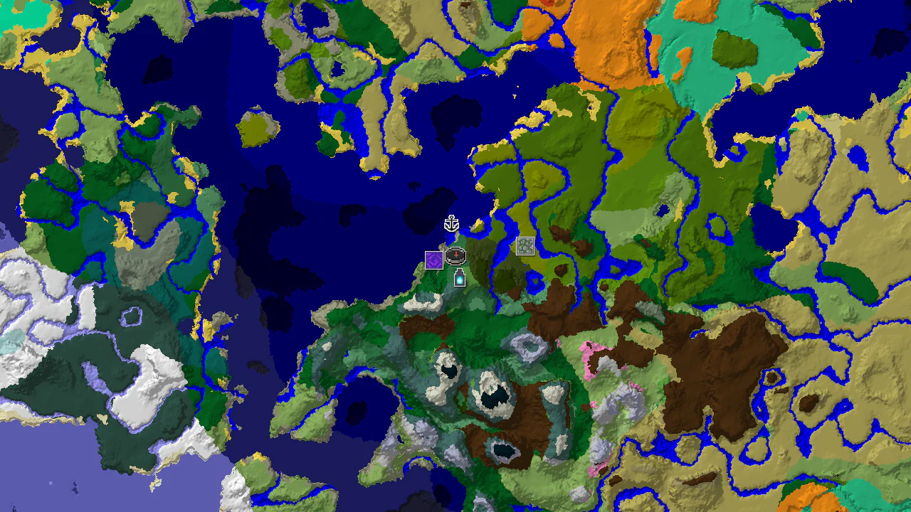 A top-down 2D biome map centered on the spawn point, showing birch forests, oceans, and various other biomes, with markers for a ruined portal, shipwreck, and ancient city.
