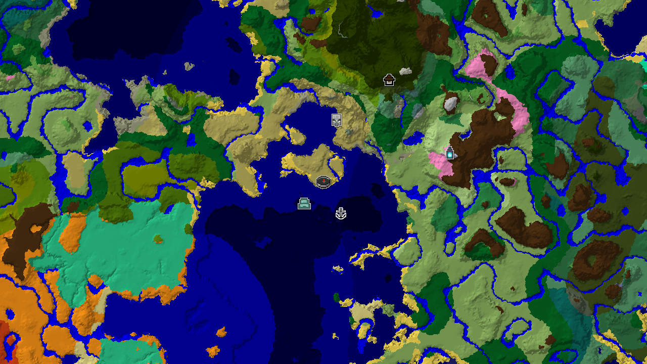 A top-down 2D biome map centered on spawn, showing savanna, ocean, and beach biomes, with markers for an Ocean Monument, Shipwreck, and Pillager Outpost.