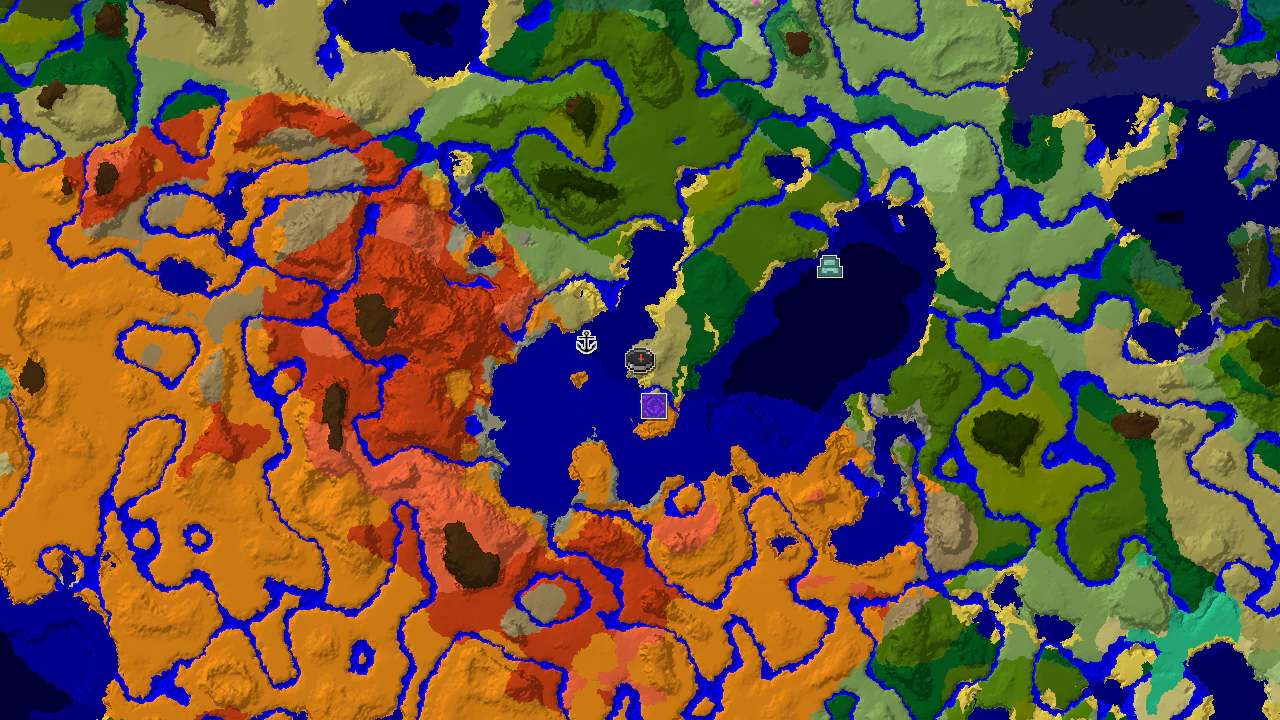 A 2D top-down biome map centered on the spawn point, showing Savanna, Lukewarm Ocean, and Warm Ocean biomes with markers for a Ruined Portal and Shipwreck.