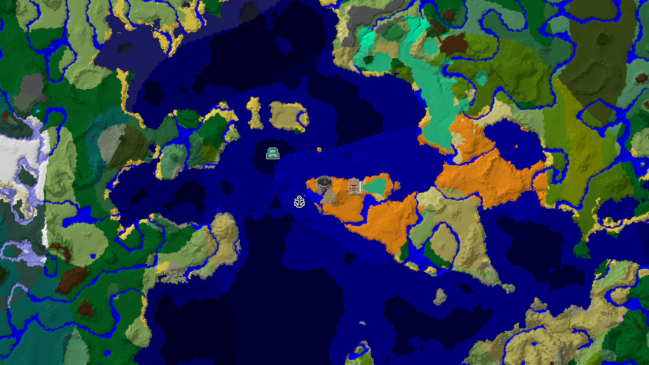 A 2D top-down biome map centered on the spawn point, with markers for a village, desert pyramid, and shipwreck.