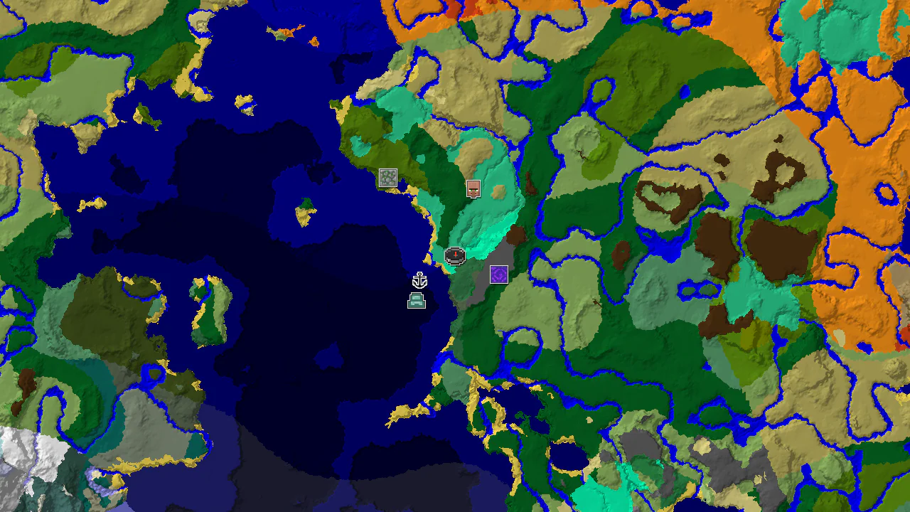 A top-down 2D biome map centered on spawn, showing a Mangrove Swamp biome close by, with markers for a shipwreck and ruined portal.