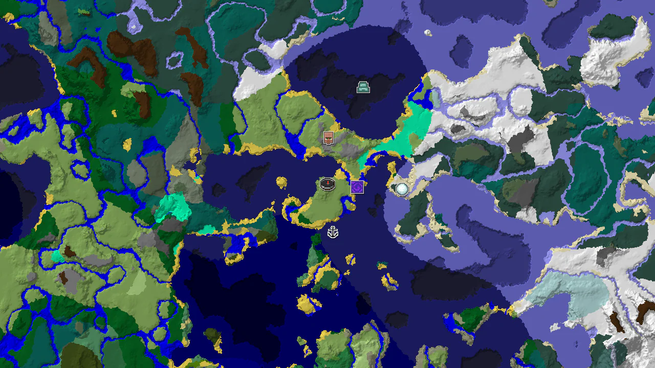 A 2D top-down biome map centered on spawn, showing plains, cold ocean, and markers for a village and ocean monument.