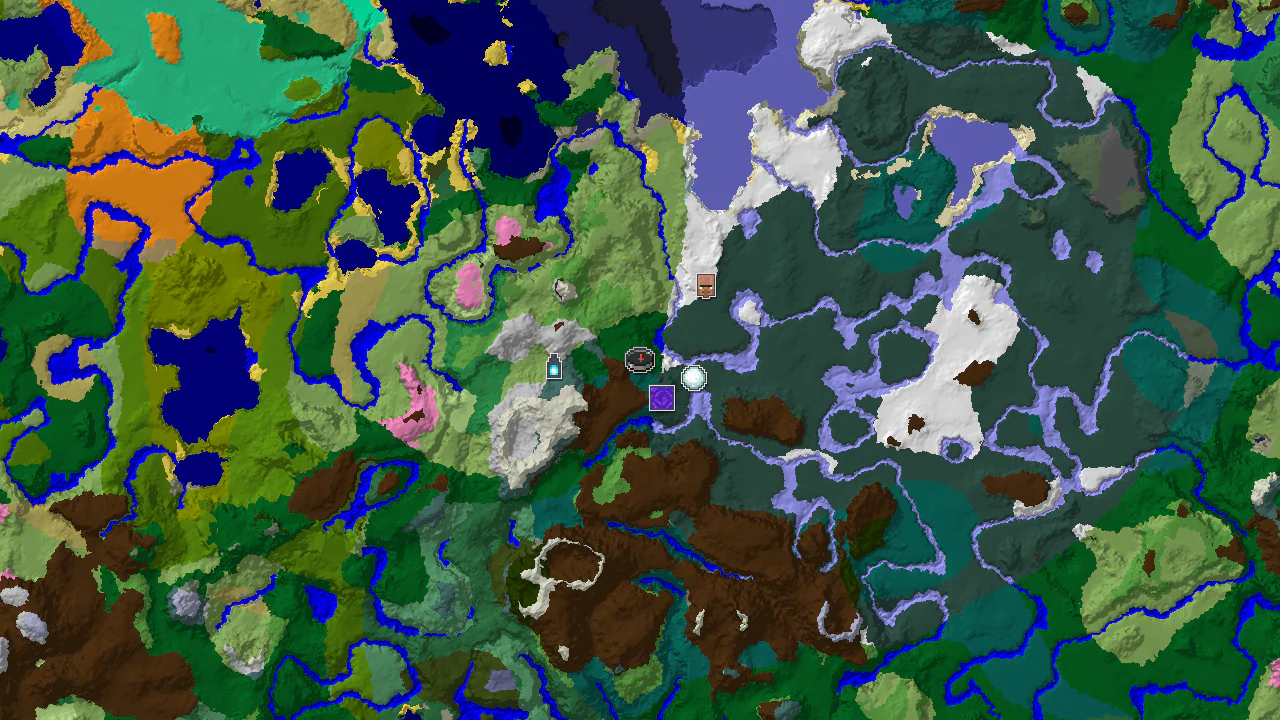 A top-down 2D biome map centered on spawn, showing forest, taiga, and snowy biomes, with markers for nearby structures.