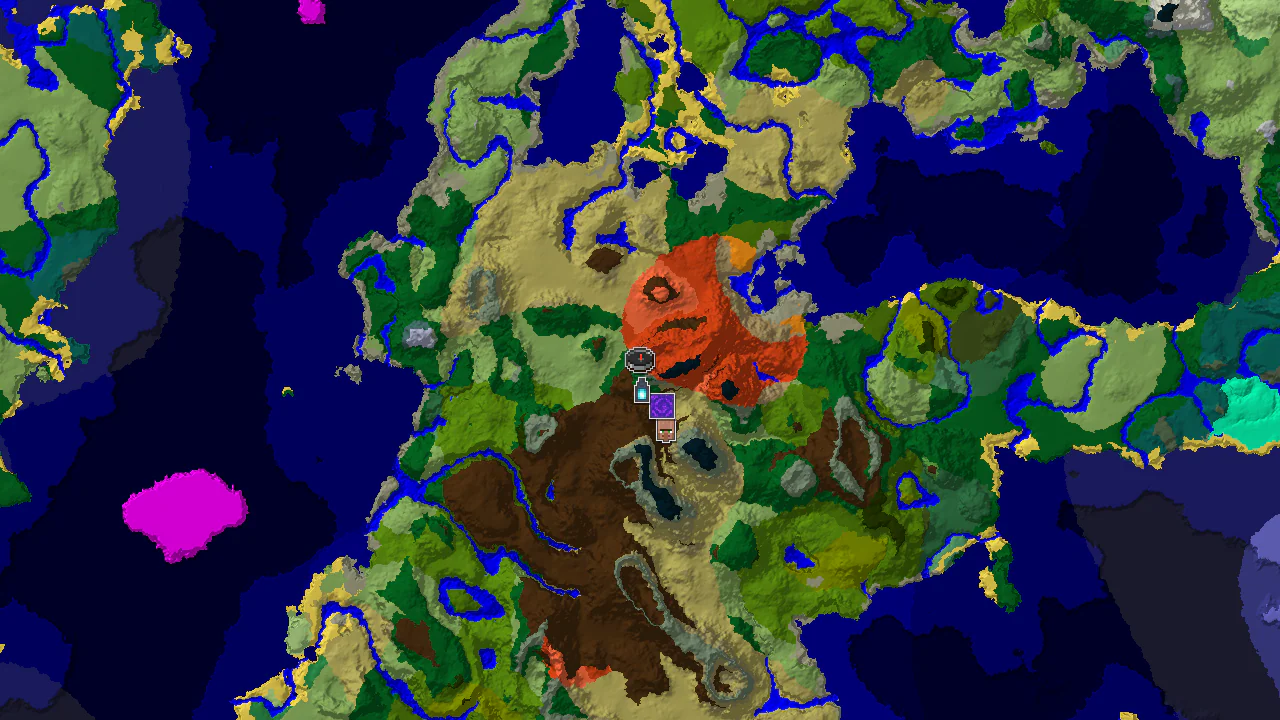 A top-down 2D biome map centered on spawn, showing Badlands, Forests, and Savannas, with markers for a nearby Ancient City, Ruined Portal, and Village.