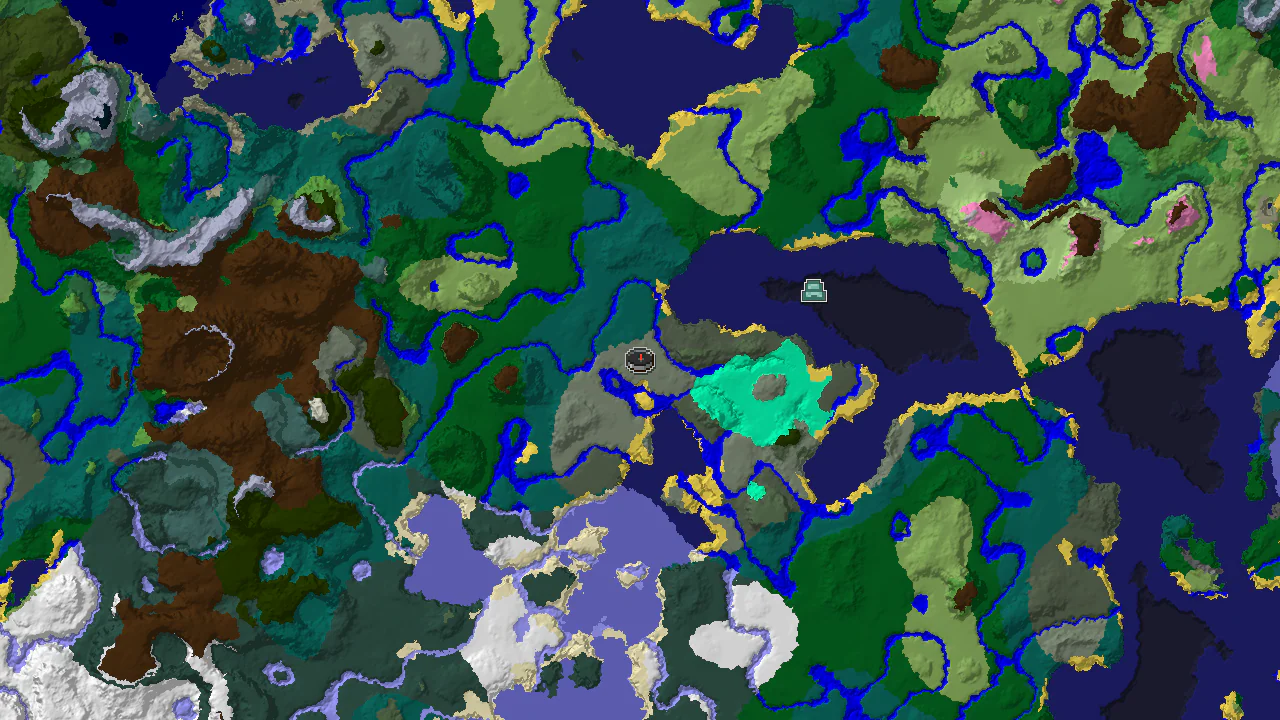 A 2D top-down biome map centered on spawn, showing a large taiga biome with a distant ocean monument marker.