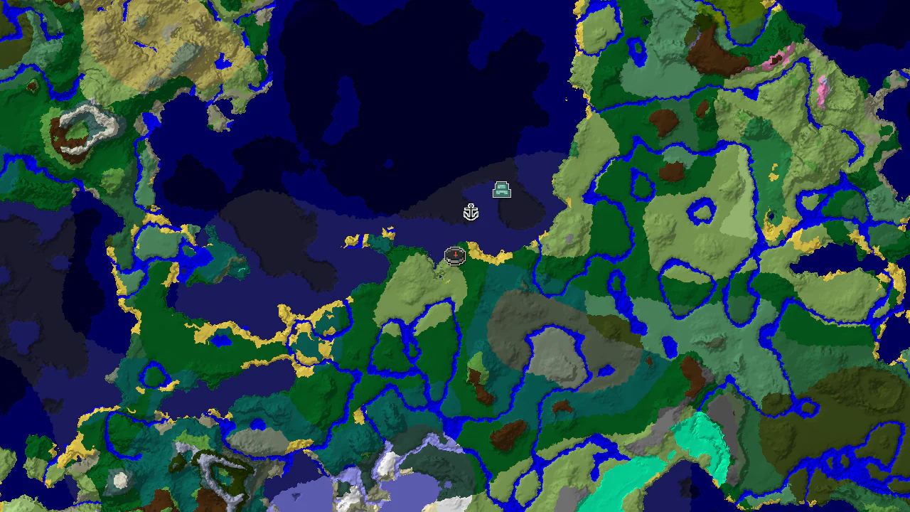 A 2D biome map centered on the spawn point, showing nearby forest, plains, and cold ocean biomes, with markers for a shipwreck and an ocean monument.