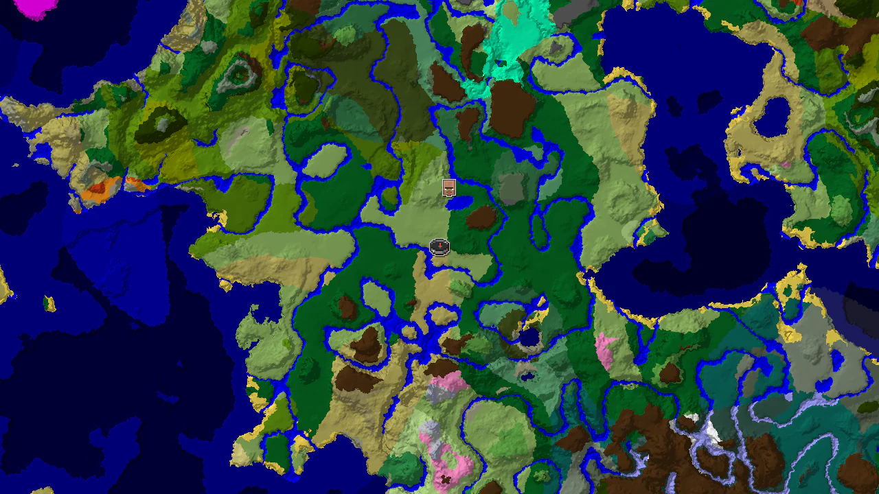 A top-down 2D biome map centered on spawn, showing a Savanna biome at spawn, with nearby Plains, Forest, and a village marker to the south.