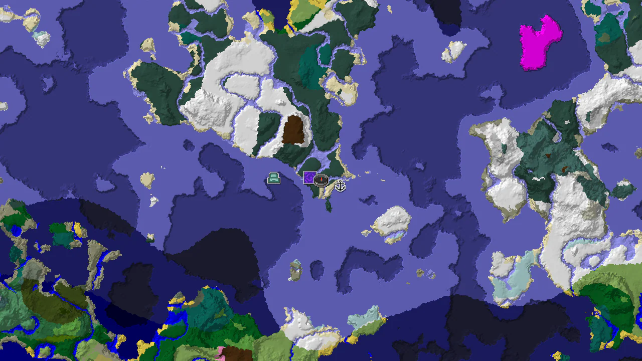 A 2D biome map centered on spawn, showing a large Frozen Ocean and Deep Frozen Ocean, with markers for a Ruined Portal, Shipwreck, and Ocean Monument.