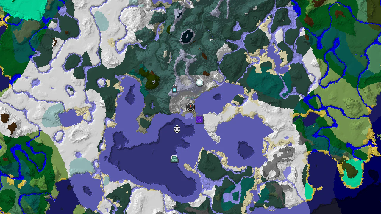A top-down 2D biome map centered on spawn, showing icy biomes and markers for a ruined portal, shipwreck, and ancient city.