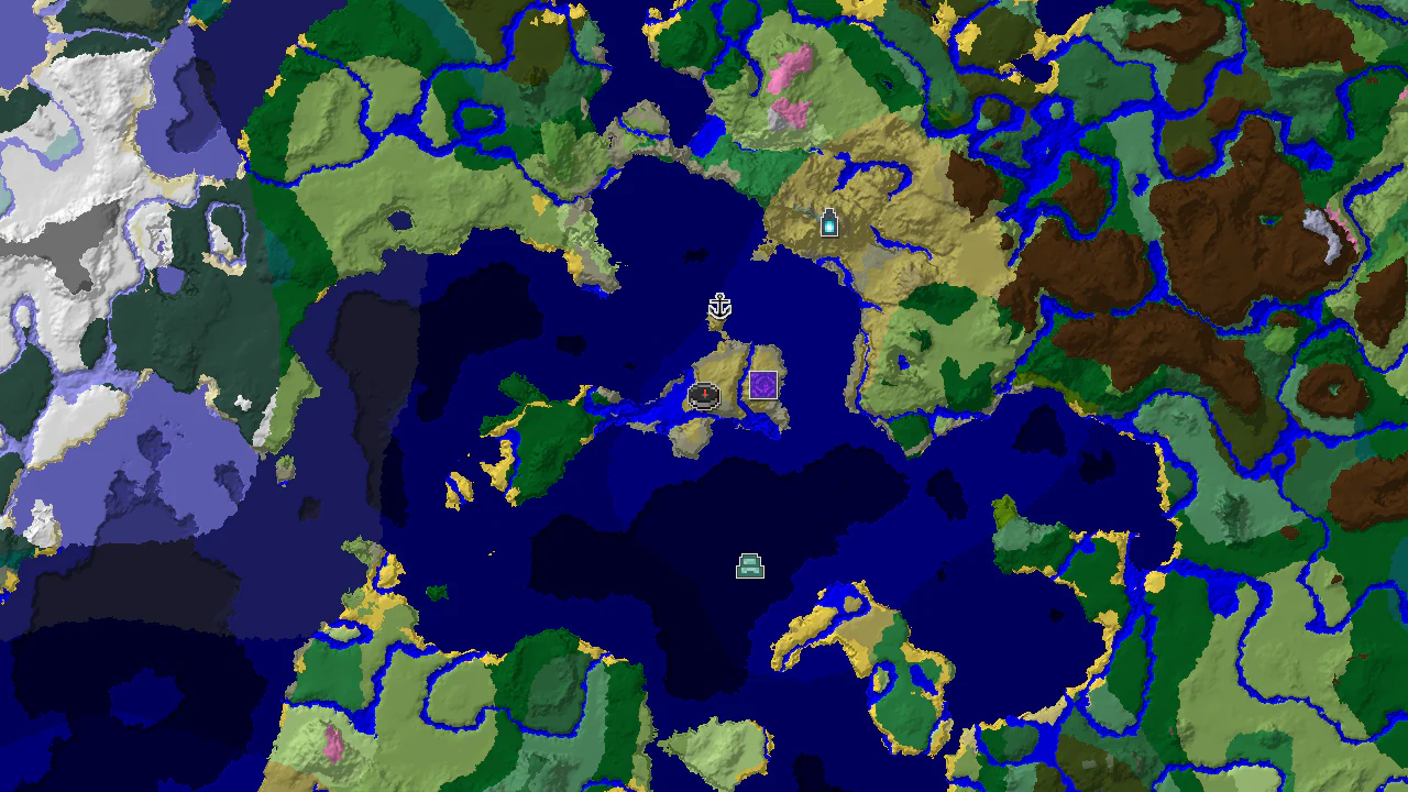 A 2D map centered on spawn, displaying savanna, ocean, and river biomes, with markers for a ruined portal, shipwreck, and ancient city.