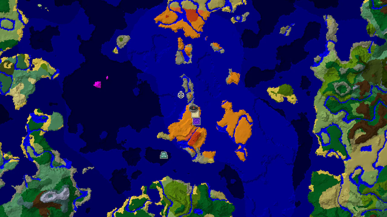 A 2D top-down biome map centered on the spawn point, showing Desert, Warm Ocean, and River biomes, with markers for a Desert Pyramid and a Ruined Portal.