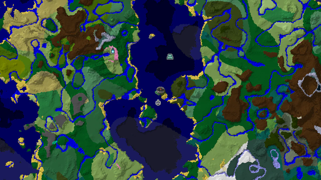 A 2D biome map of the seed, centered on the spawn point, showing Dark Forest, Ocean, and other surrounding biomes, with markers for nearby structures.