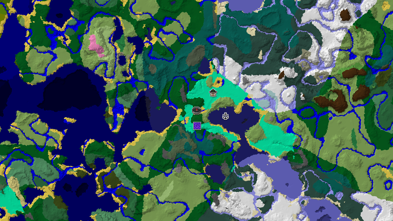 A 2D top-down biome map centered on spawn, showing a swamp, forest, and ocean, with markers for a ruined portal and witch hut.
