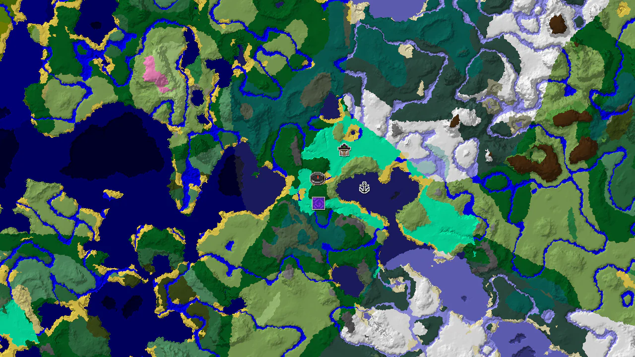 A 2D top-down biome map centered on spawn, showing a swamp, forest, and ocean, with markers for a ruined portal and witch hut.