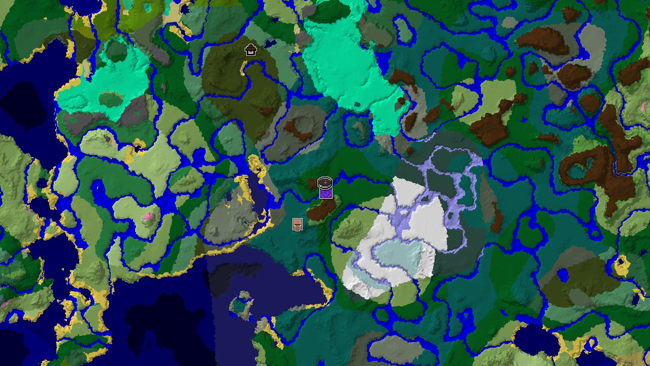 A 2D top-down biome map centered on spawn, showing a variety of forest and taiga biomes with markers for a nearby ruined portal and a distant woodland mansion.