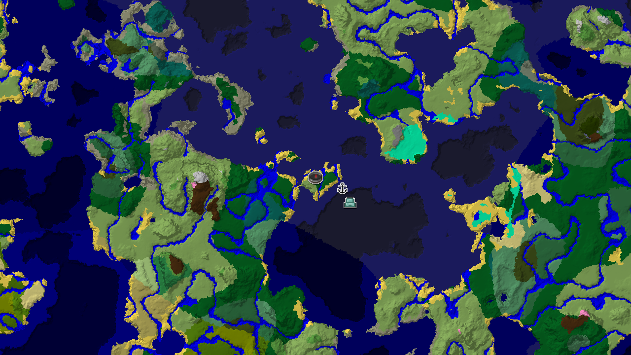 A top-down 2D biome map centered on spawn, showing a large Cold Ocean, Forest, and Plains biomes, with markers for a Shipwreck and an Ocean Monument.