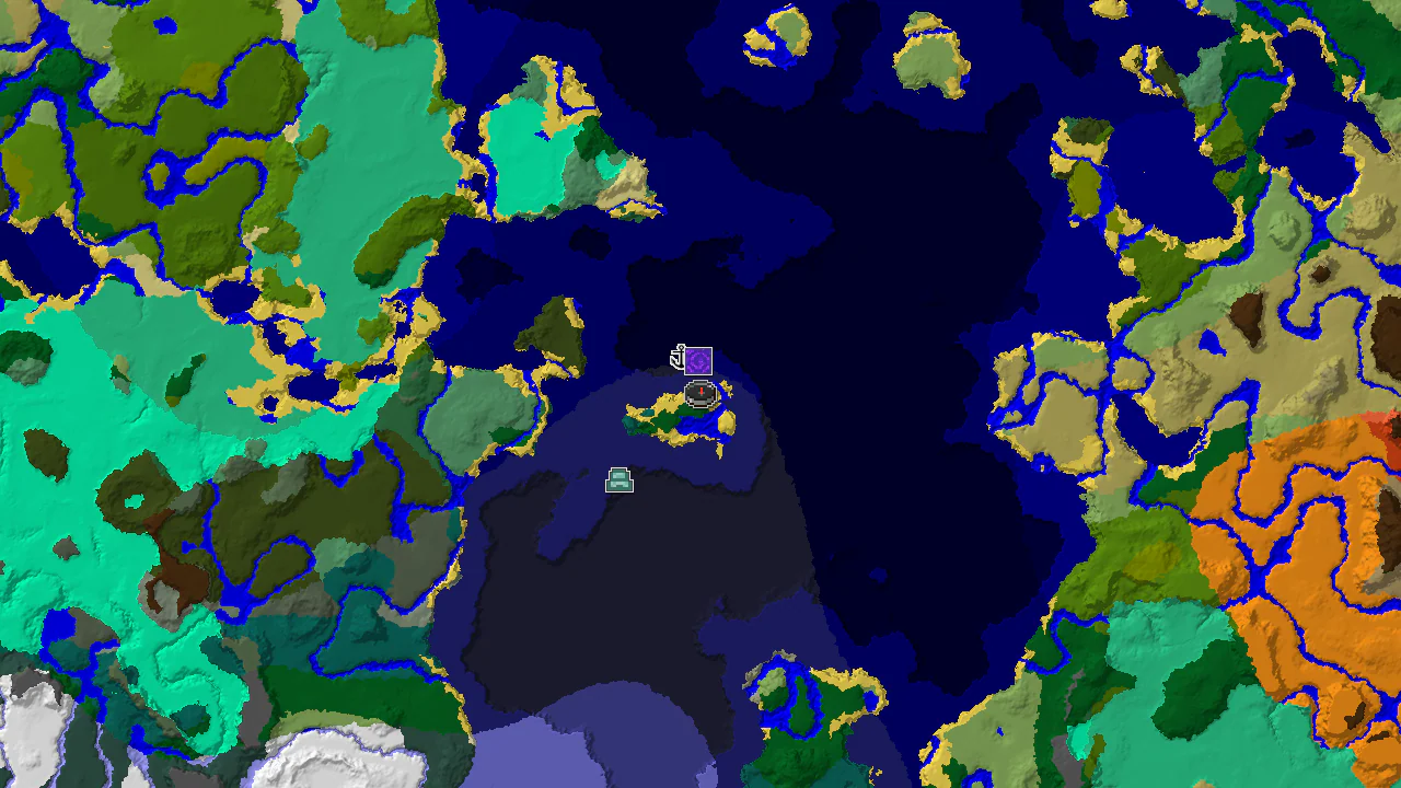 A top-down 2D biome map centered on spawn, showing forest, ocean, and taiga biomes, with markers for nearby structures.