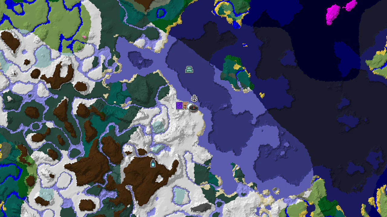 A 2D biome map centered on spawn, showing snowy plains, frozen ocean, and various structure markers.