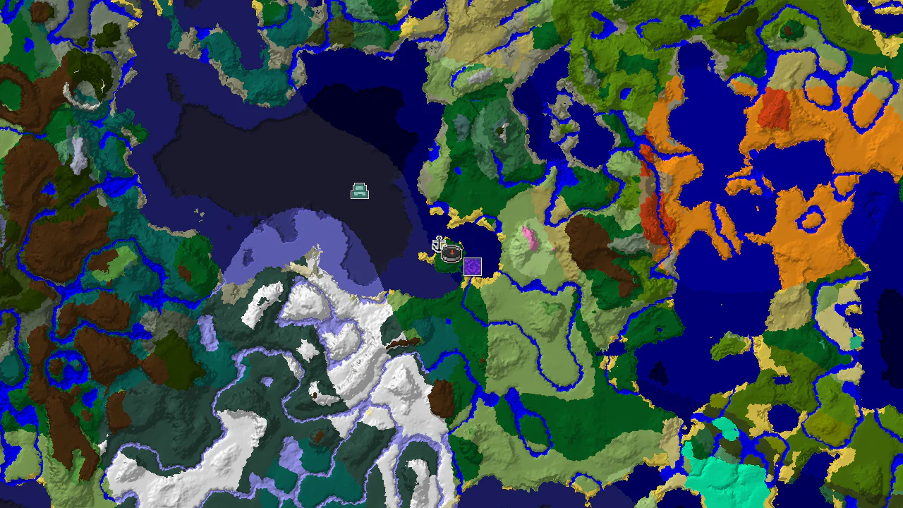A 2D biome map centered on spawn, showing a forest, nearby ocean, and markers for a shipwreck and a ruined portal.