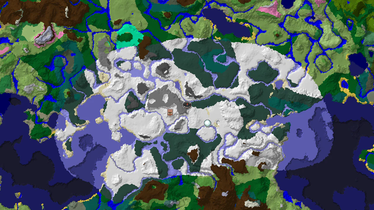 A 2D top-down biome map centered on spawn, showing vast snowy plains and a marker for a nearby village.