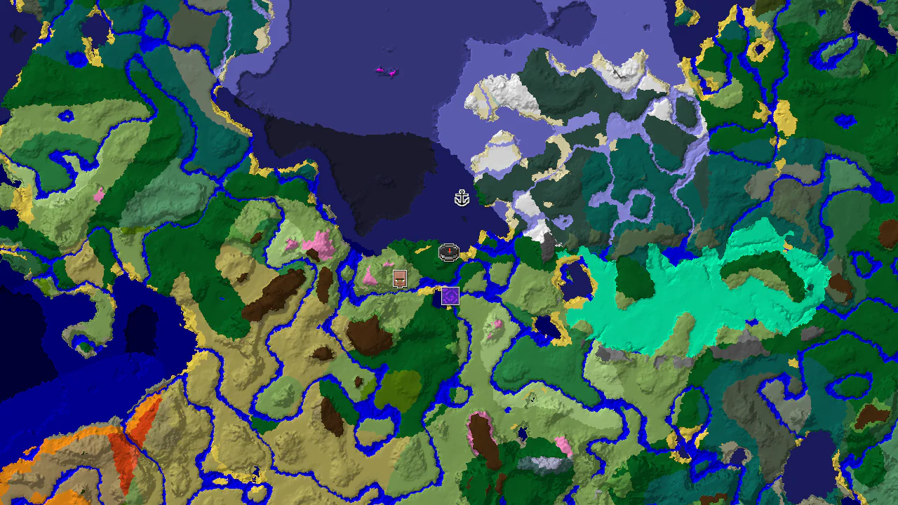 A top-down 2D biome map centered on the spawn point, showing markers for a nearby village, ruined portal, and shipwreck.