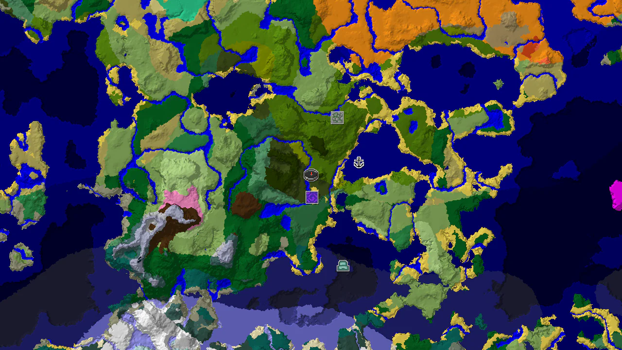 A 2D top-down biome map centered on spawn, showing a dark forest, jungles, and various ocean biomes, with markers for a ruined portal and jungle temple.