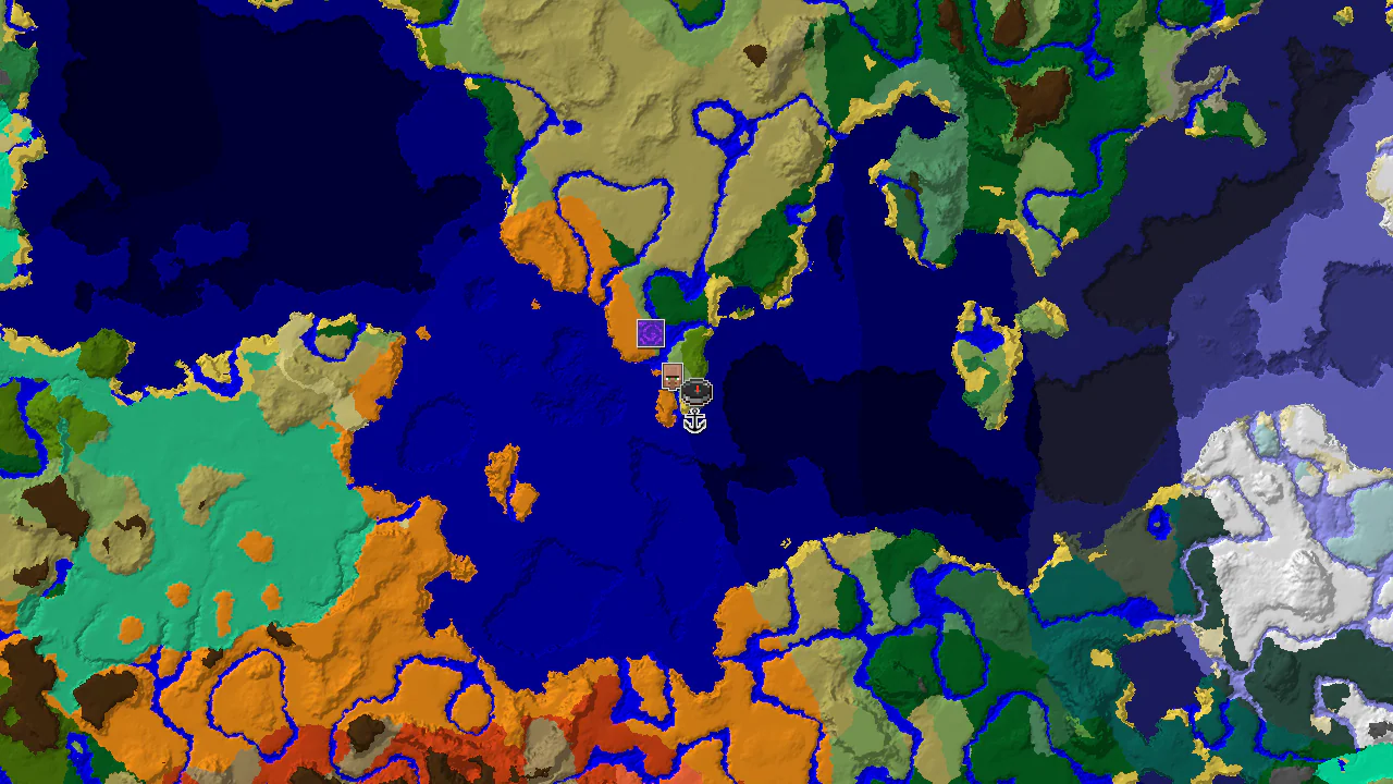 A top-down 2D biome map, centered on the spawn point, showing nearby biomes and markers for structures.