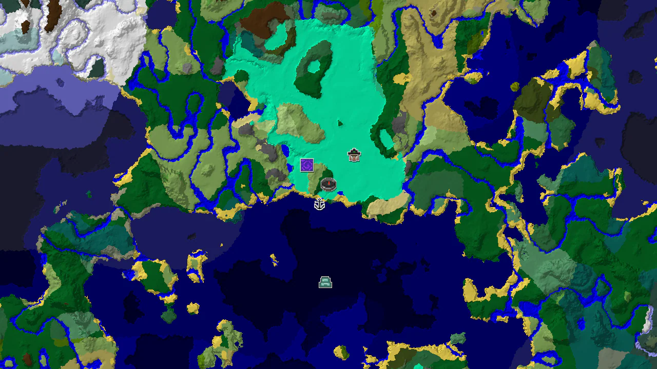 A 2D map centered on spawn, showing a large ocean to the north and various forests, plains, and swamps nearby.