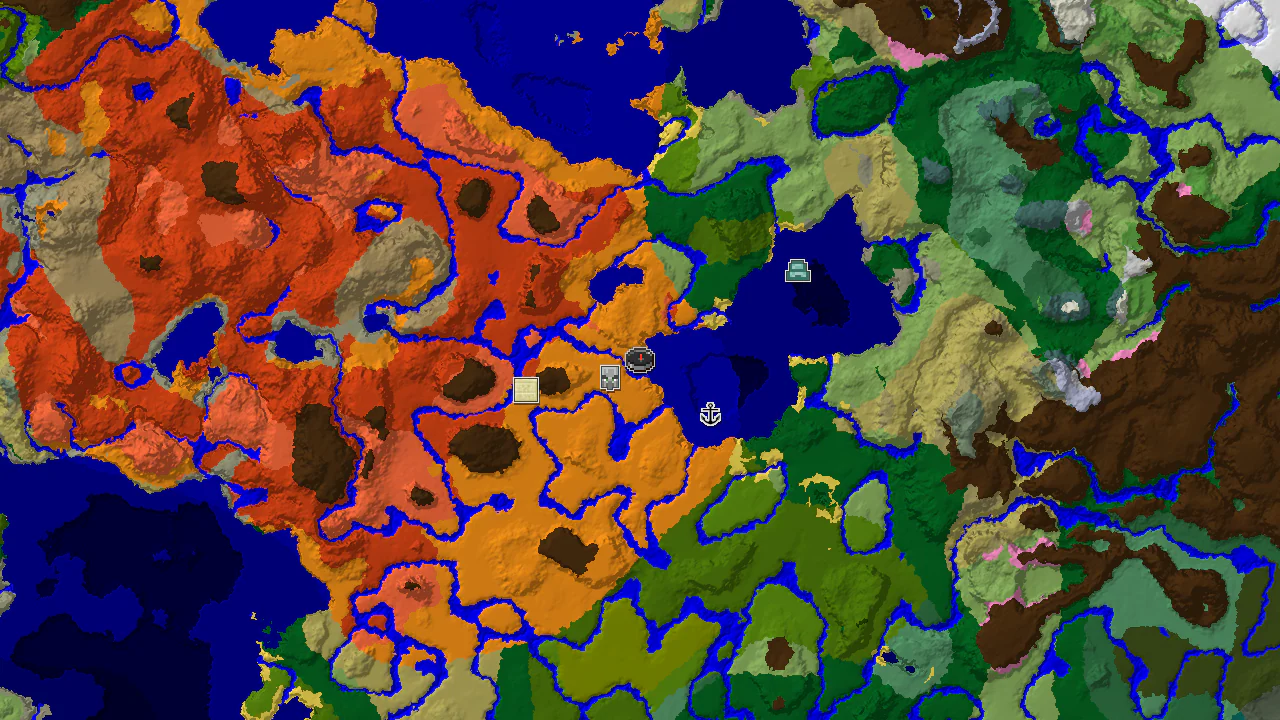 A 2D top-down biome map centered on spawn, showing a desert spawn with markers for nearby structures like a Pillager Outpost.