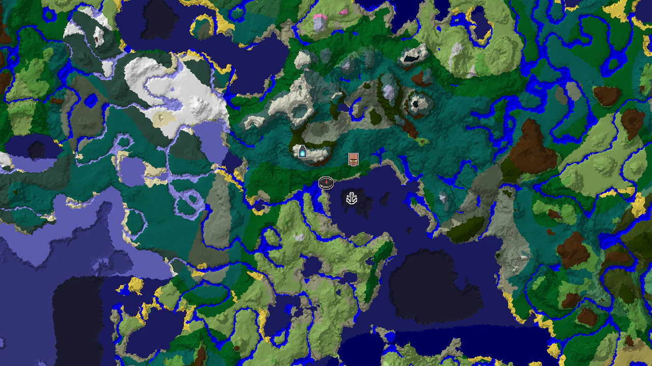 A top-down 2D biome map centered on spawn, showing various cold biomes and markers for nearby structures including an Ancient City.