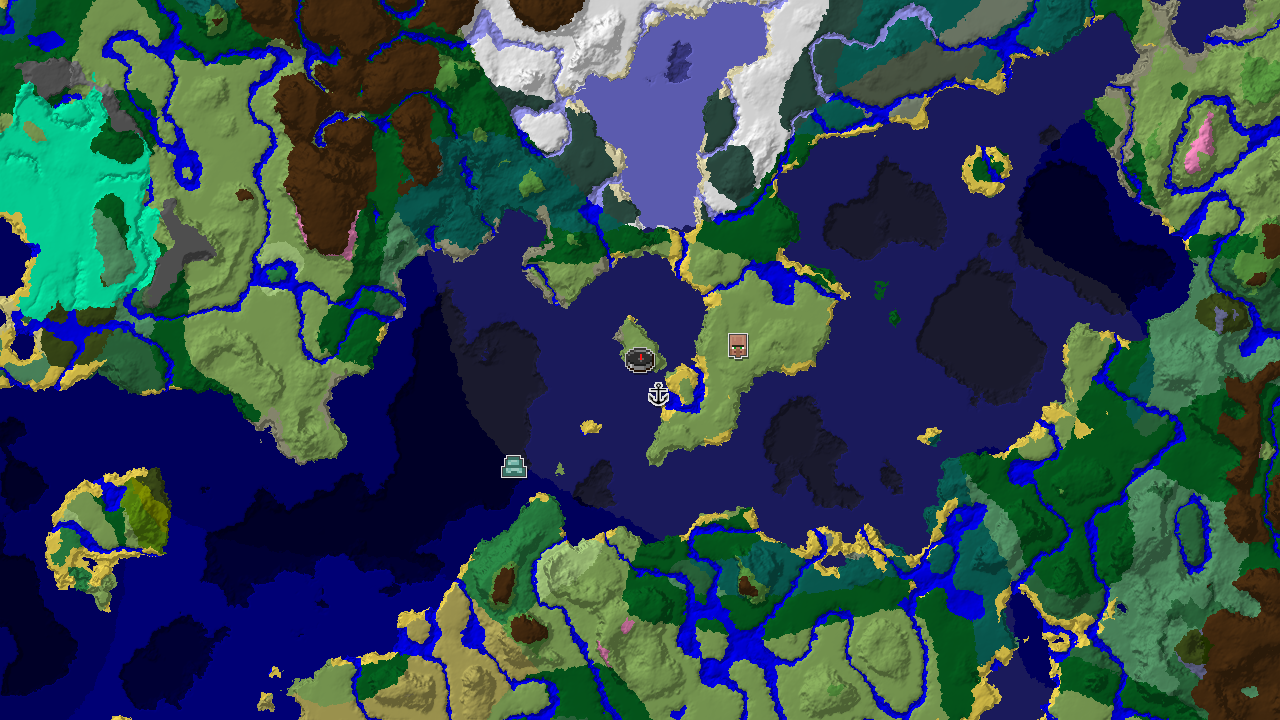 A top-down 2D biome map centered on spawn, showing plains, cold ocean, and forest biomes with markers for a village and shipwreck.