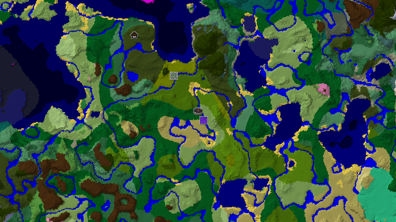 A 2D top-down biome map centered on spawn, showing a large jungle, dark forest, and plains, with markers for a ruined portal and jungle temple.