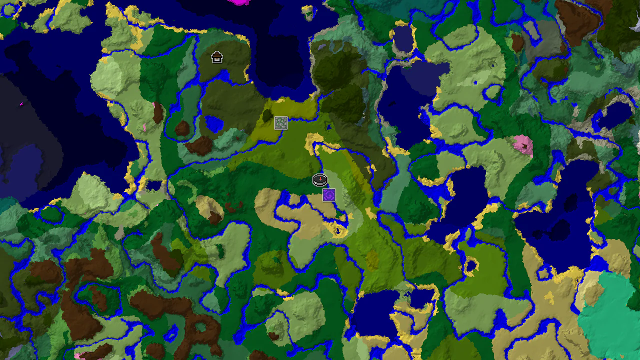 A 2D top-down biome map centered on spawn, showing a large jungle, dark forest, and plains, with markers for a ruined portal and jungle temple.