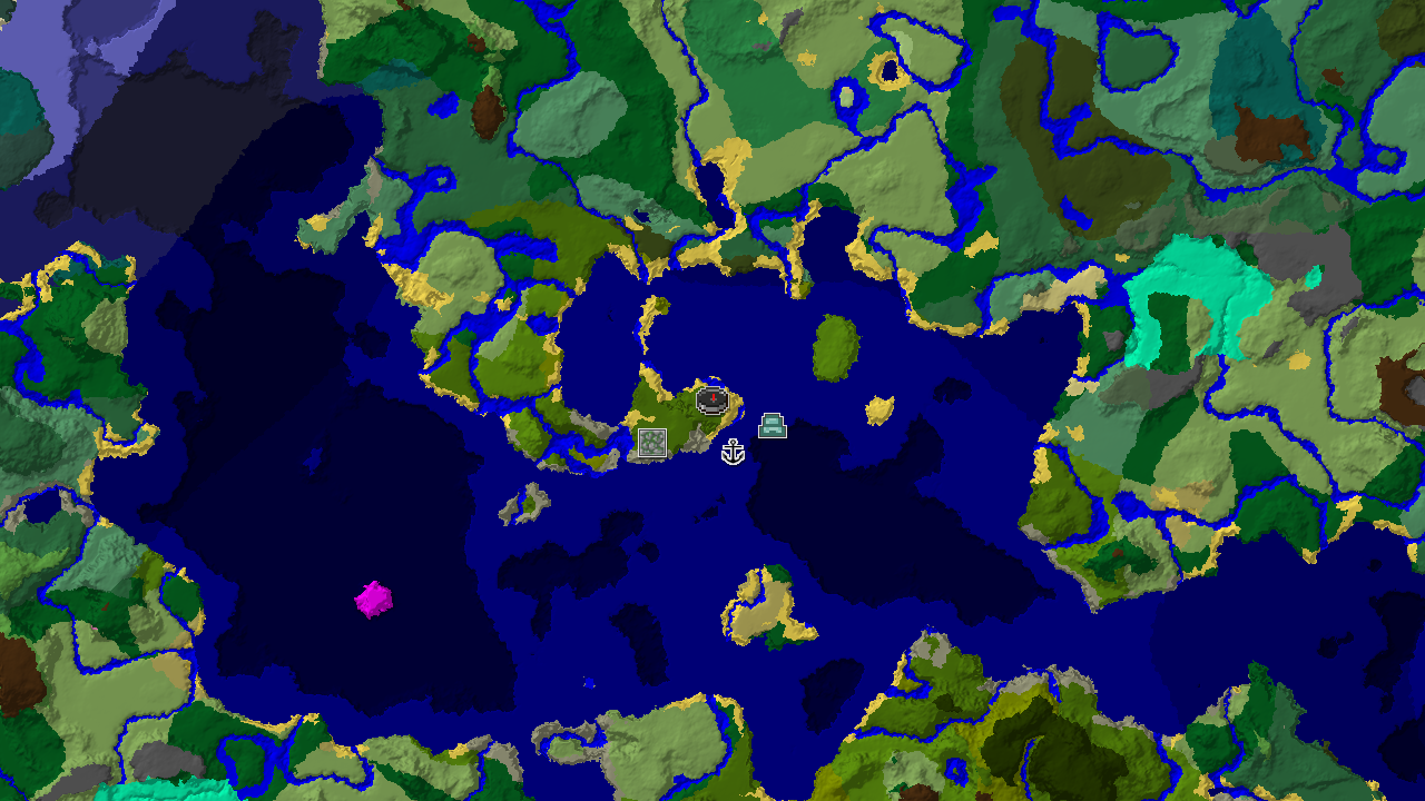 A top-down 2D biome map centered on spawn, showing jungle, ocean, and river biomes, with markers for a shipwreck, ocean monument, and jungle temple.