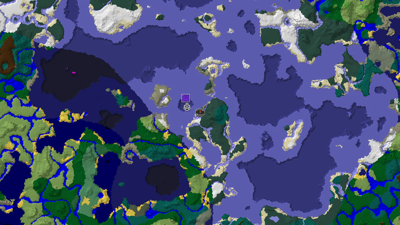 A 2D top-down biome map of Minecraft Java seed -2539681773195226982, centered on spawn, showing a large icy ocean.