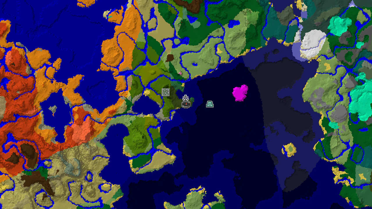 A top-down 2D biome map centered on spawn, showing dark forest, ocean, and various jungle biomes, with markers for a shipwreck, ocean monument, and jungle temple.