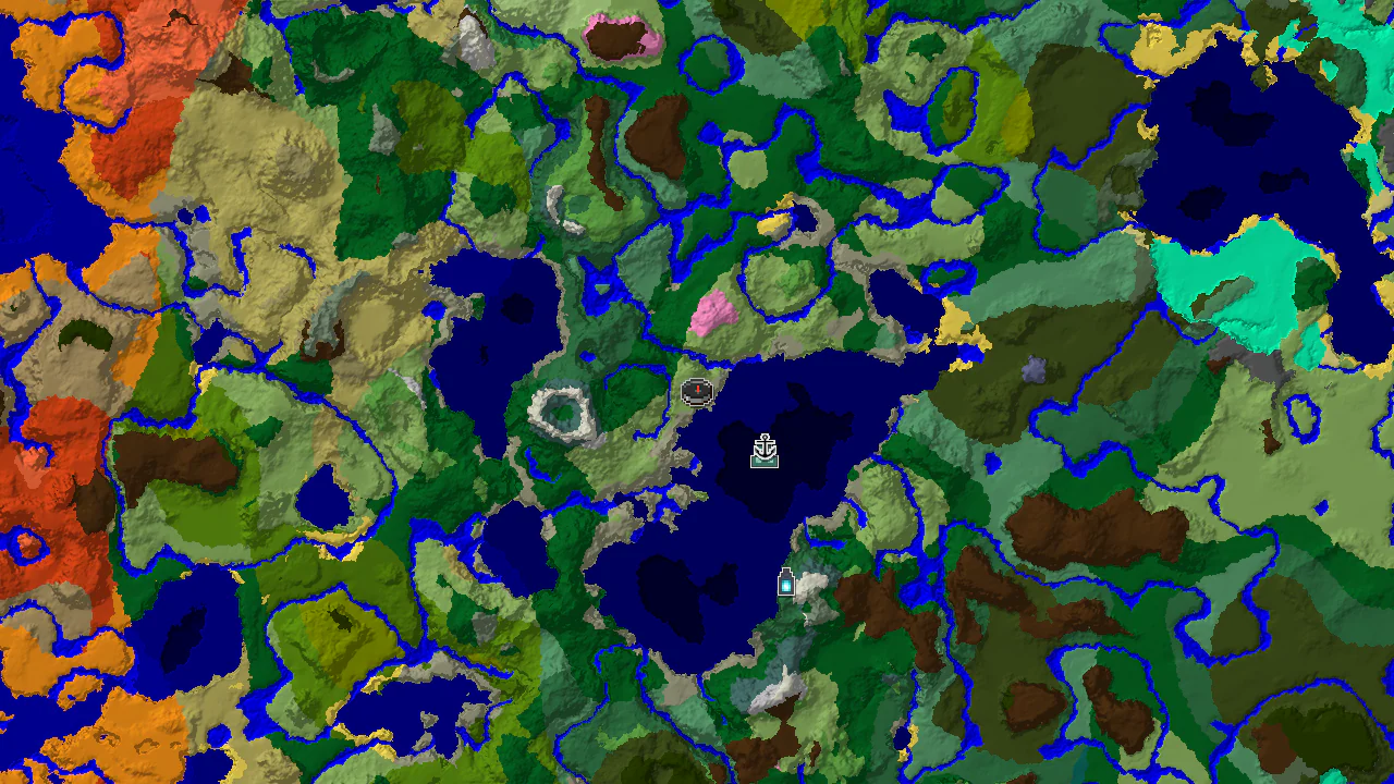 A top-down 2D biome map centered on the spawn point, showing nearby biomes and markers for structures.