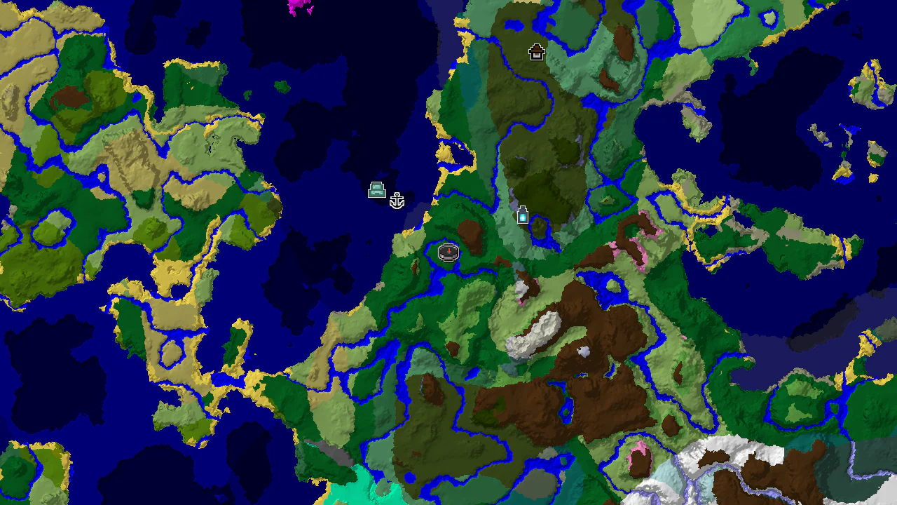 A top-down 2D biome map centered on the spawn point, marked by a green player icon. Various biome colors are visible, with markers indicating nearby structures like a shipwreck, ocean monument, and ancient city.