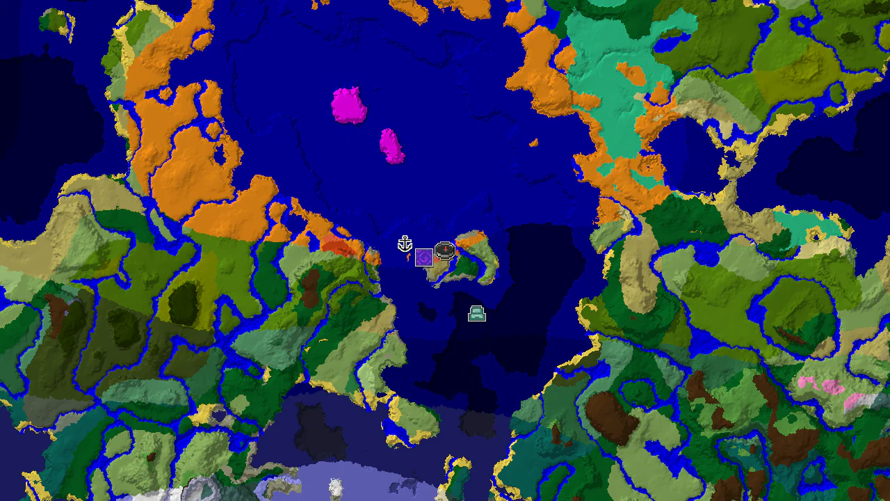 A 2D biome map centered on the spawn point, showing Eroded Badlands, Warm Ocean, and Desert biomes, with markers for a Ruined Portal and a Shipwreck.