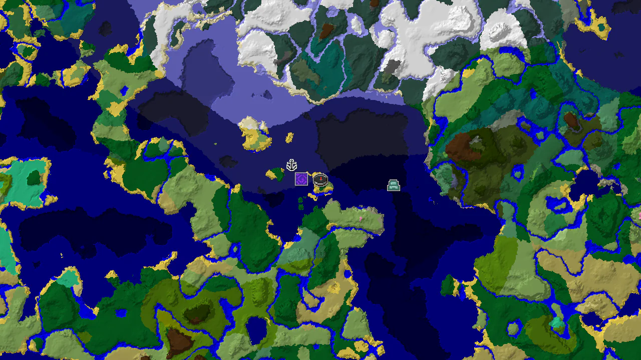 A top-down 2D biome map centered on the spawn point, marked with structure icons for a Ruined Portal, Shipwreck, and Ocean Monument.
