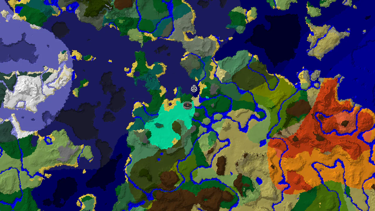 A top-down 2D biome map centered on the spawn point, showing a mix of swamp, forest, and various ocean biomes, with markers for a shipwreck and the general location of the stronghold.