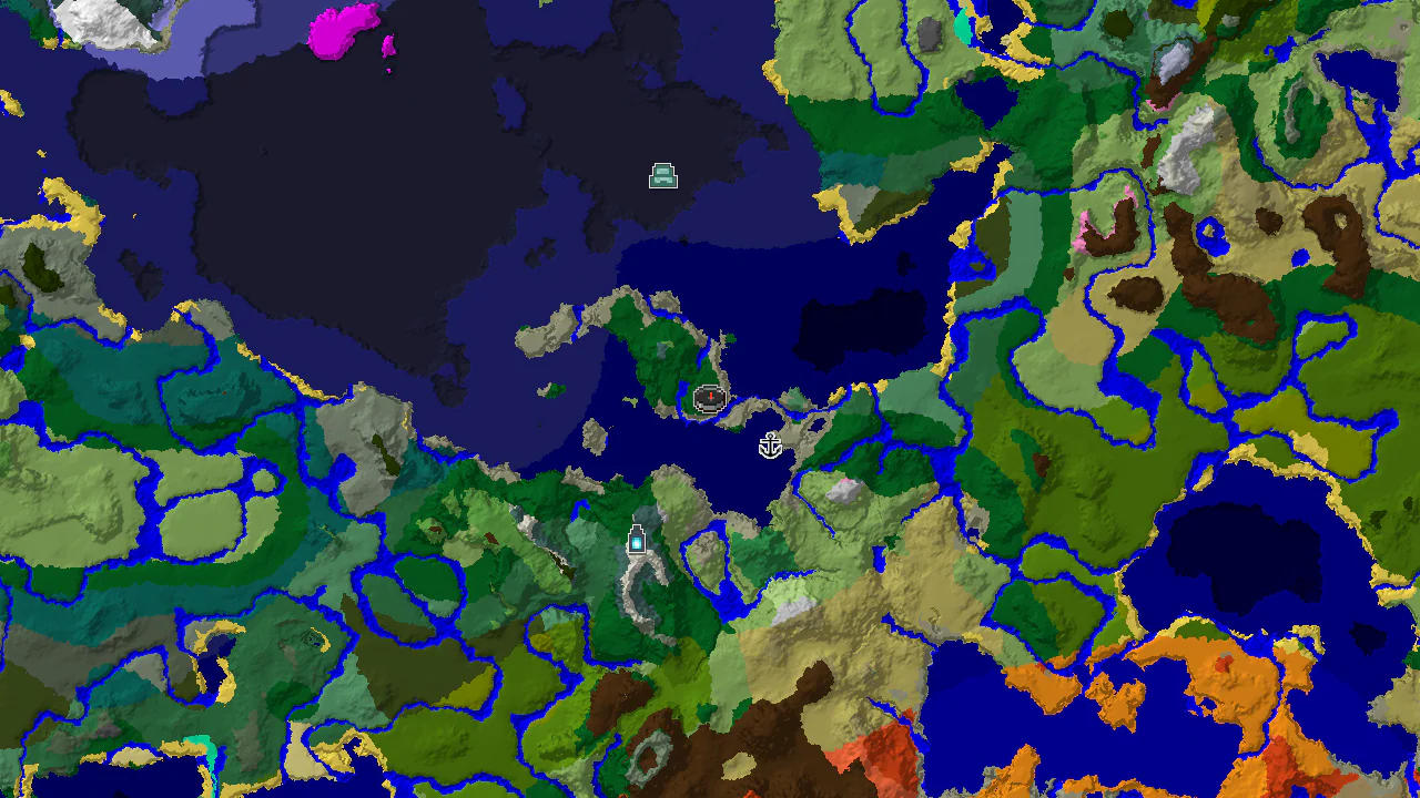 A top-down 2D biome map centered on spawn, showing forest, ocean, and various other biomes, with markers for nearby structures.