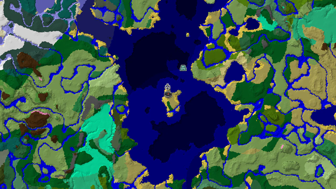 A top-down 2D biome map centered on the spawn point, marked with a player icon, showing savanna, ocean, and forest biomes, with a shipwreck marker to the east.