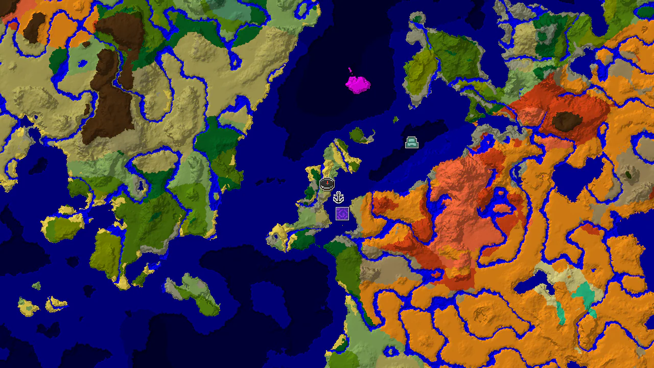 A 2D top-down biome map centered on the spawn point, featuring markers for nearby structures like a shipwreck and an ocean monument.